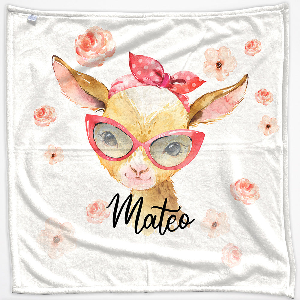 Personalised Goat Pink Glitter Glasses and Name Baby Blanket