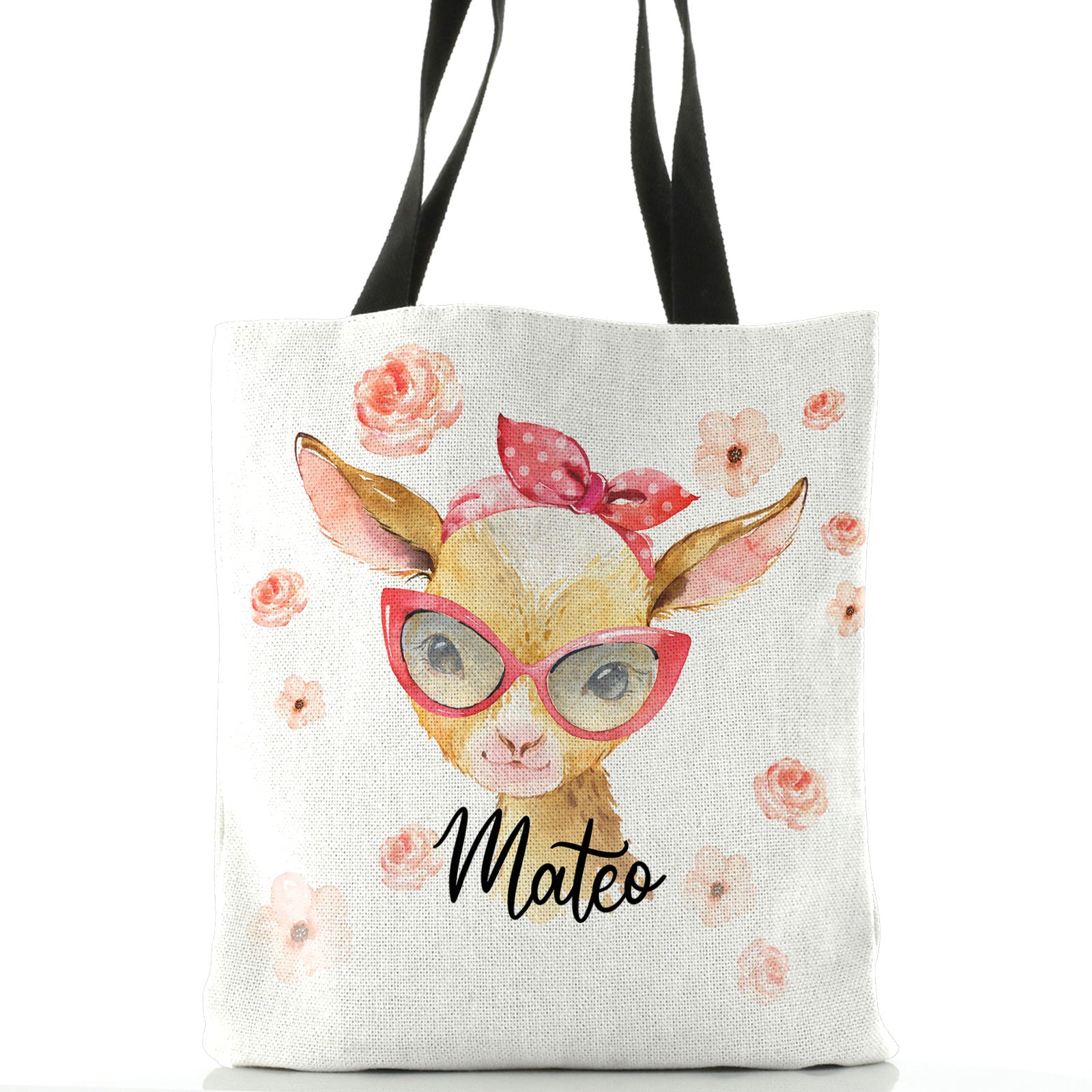 Personalised White Tote Bag with Goat Pink Glasses and Roses and Cute Text
