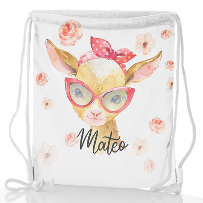 Personalised Glitter Drawstring Backpack with Goat Pink Glasses and Roses and Cute Text