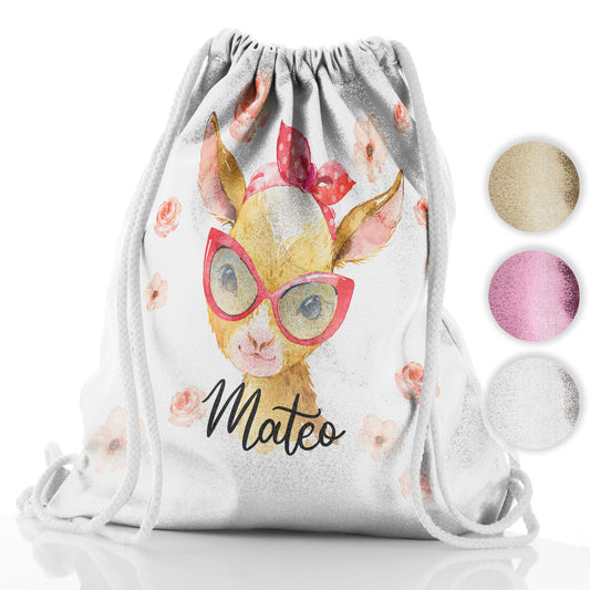 Personalised Glitter Drawstring Backpack with Goat Pink Glasses and Roses and Cute Text