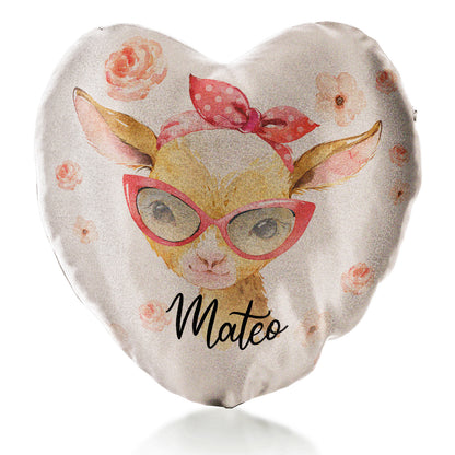 Personalised Glitter Heart Cushion with Goat Pink Glasses and Roses and Cute Text