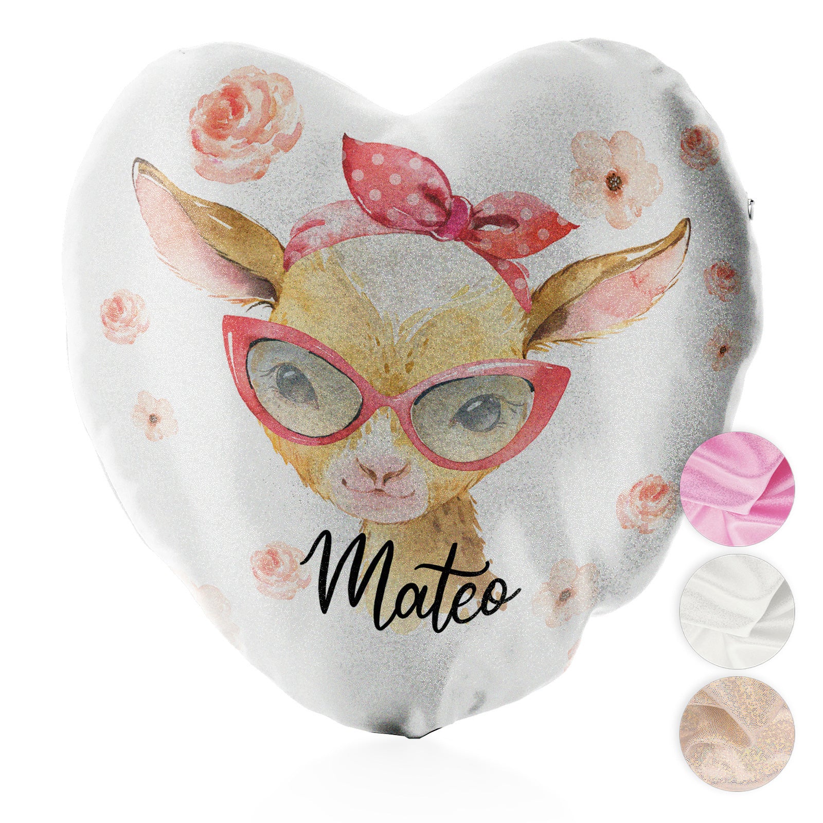 Personalised Glitter Heart Cushion with Goat Pink Glasses and Roses and Cute Text