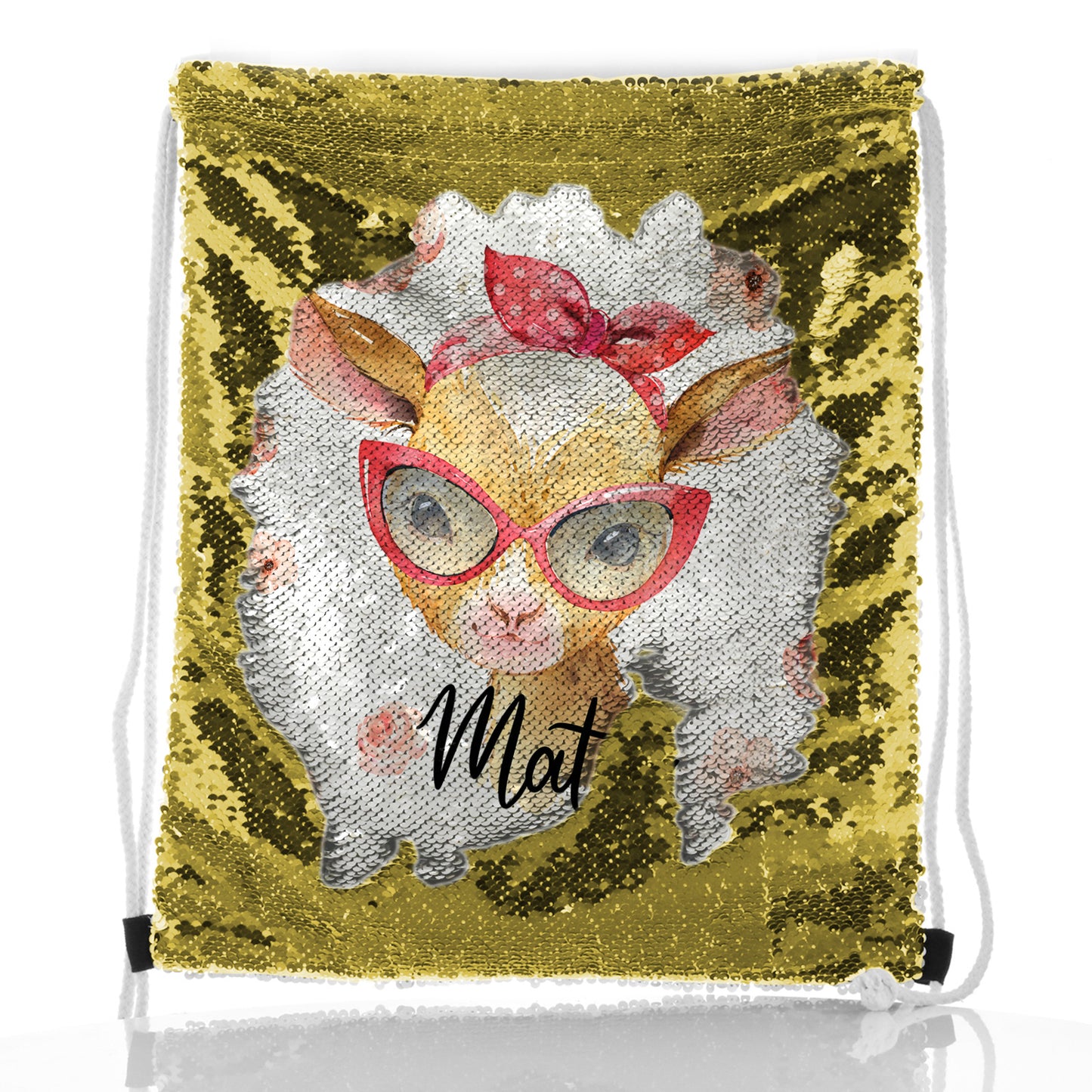 Personalised Sequin Drawstring Backpack with Goat Pink Glasses and Roses and Cute Text