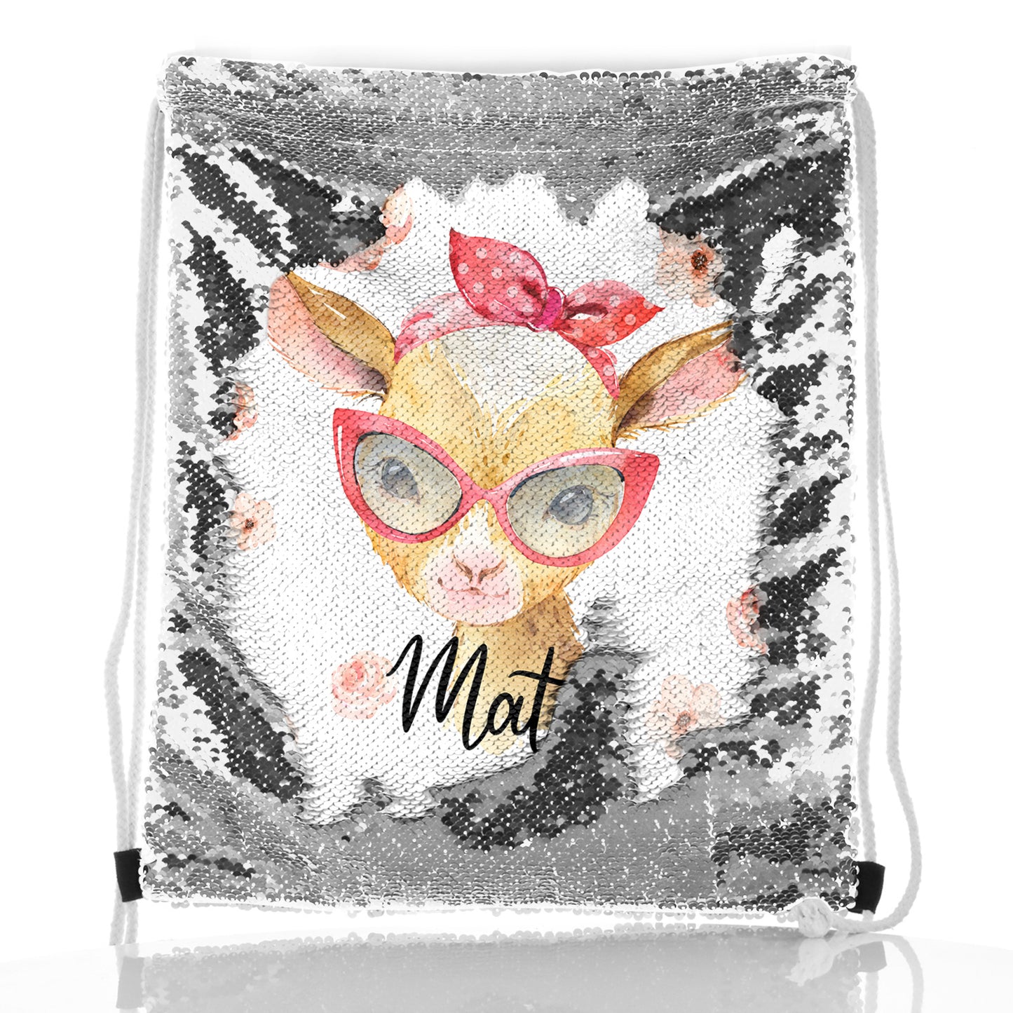 Personalised Sequin Drawstring Backpack with Goat Pink Glasses and Roses and Cute Text