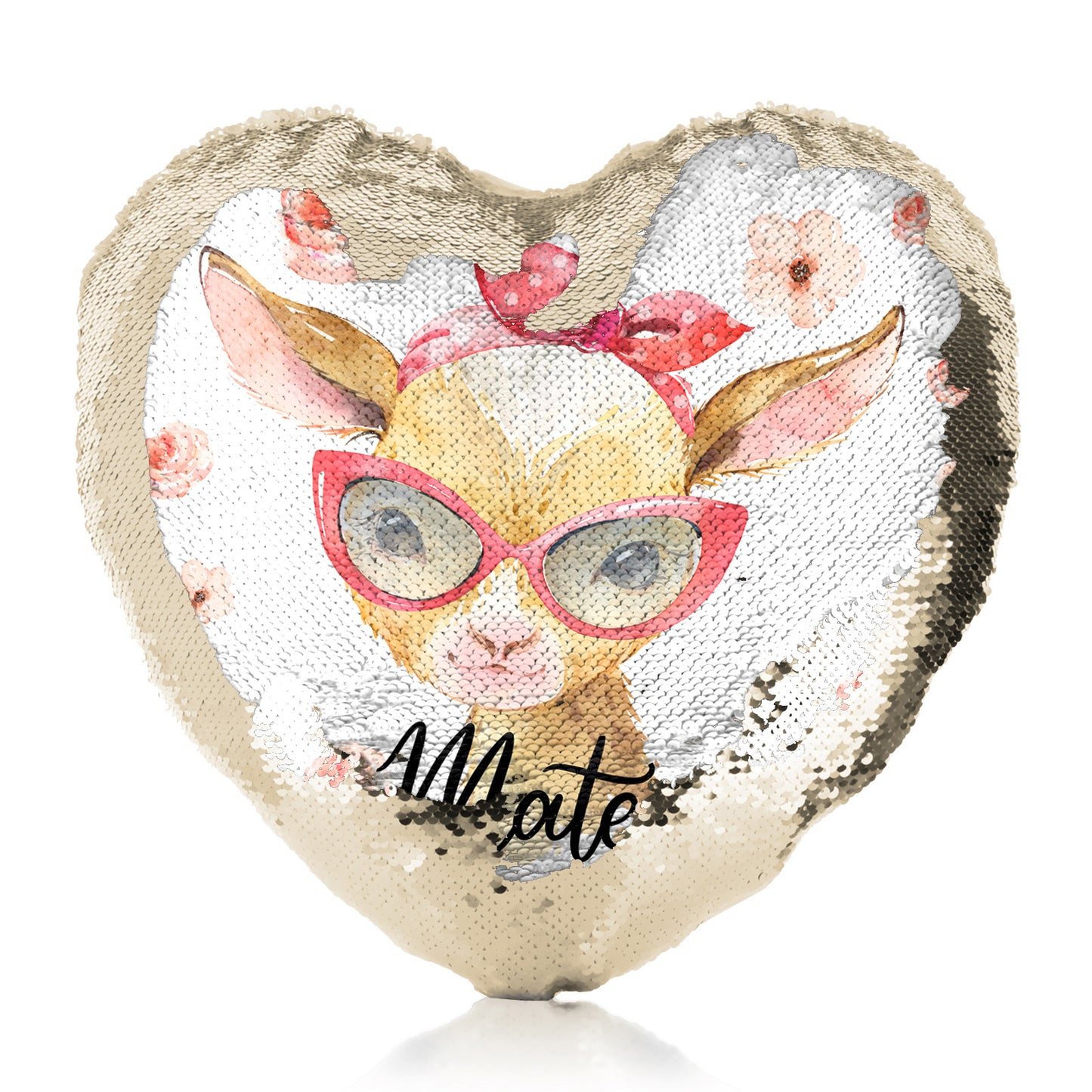 Personalised Sequin Heart Cushion with Goat Pink Glasses and Roses and Cute Text