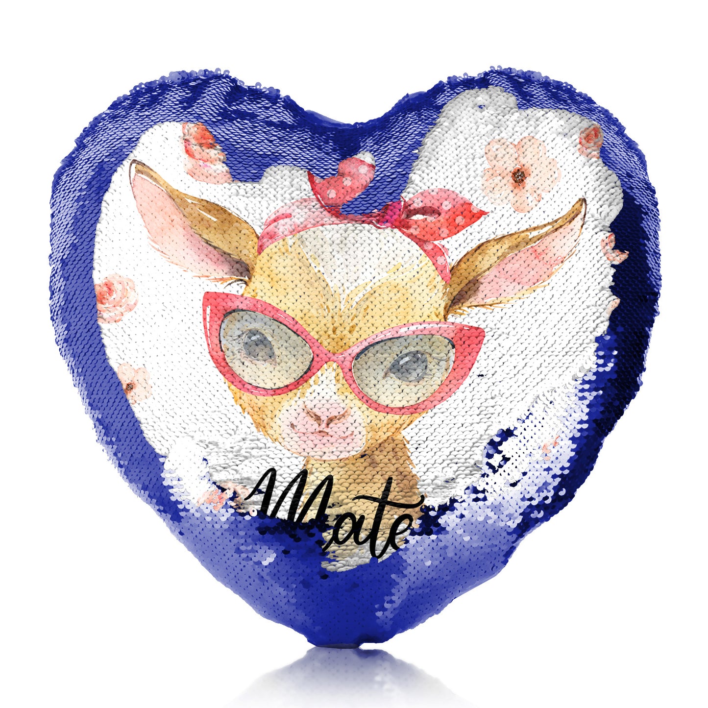 Personalised Sequin Heart Cushion with Goat Pink Glasses and Roses and Cute Text