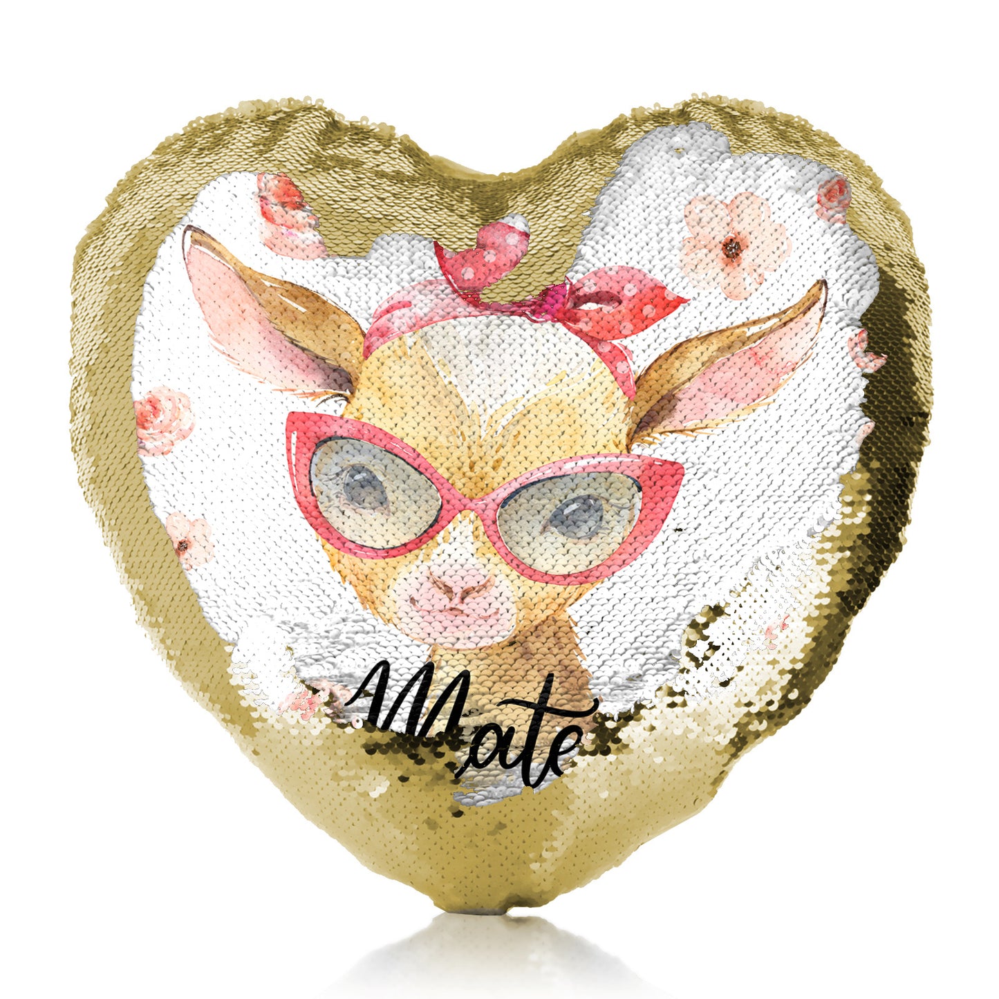 Personalised Sequin Heart Cushion with Goat Pink Glasses and Roses and Cute Text