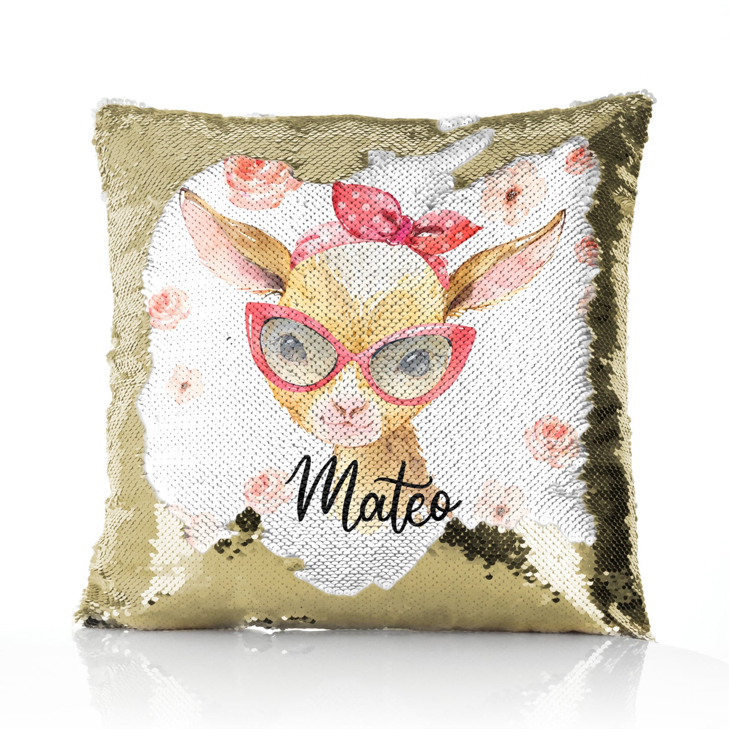 Personalised Sequin Cushion with Goat Pink Glasses and Roses and Cute Text
