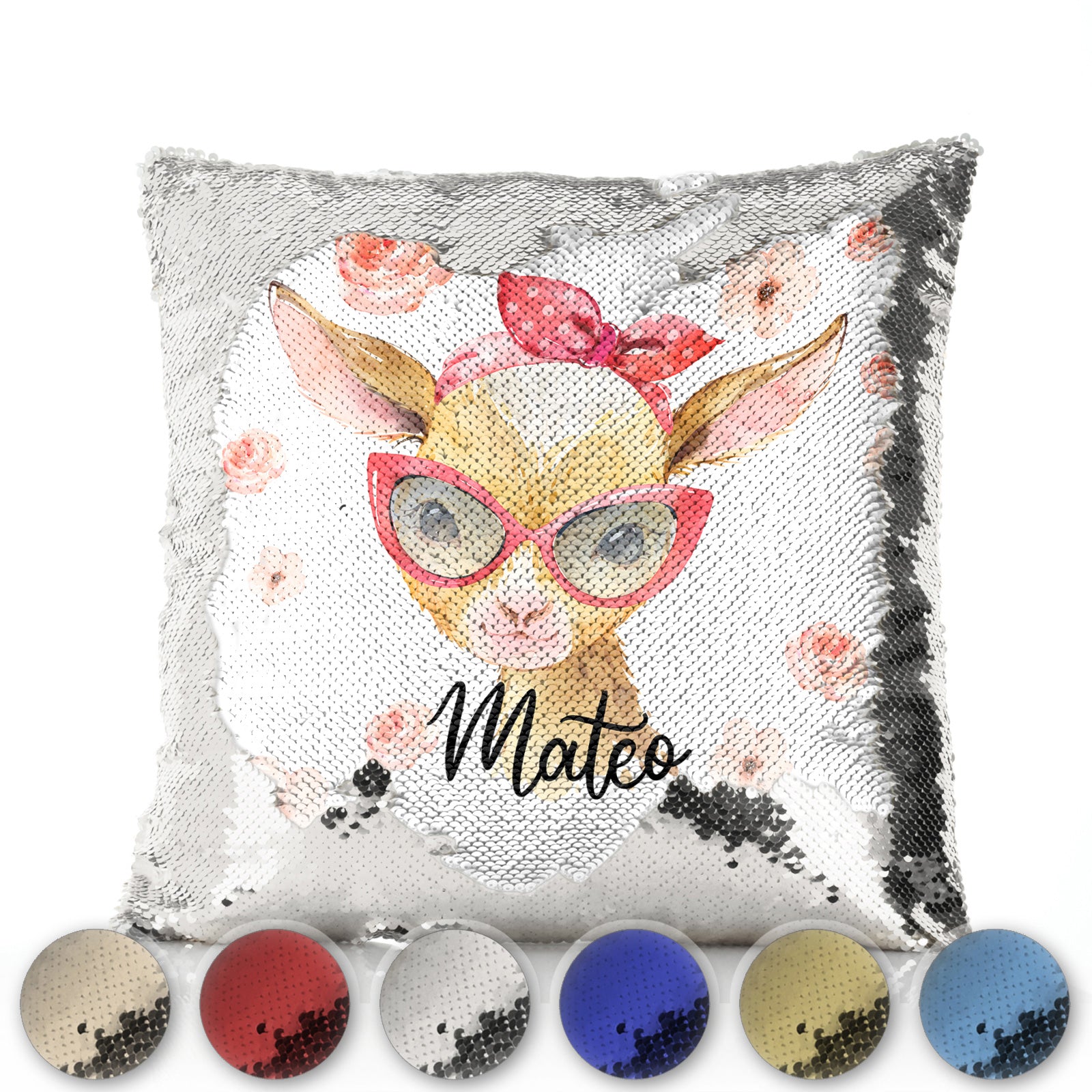 Personalised Sequin Cushion with Goat Pink Glasses and Roses and Cute Text