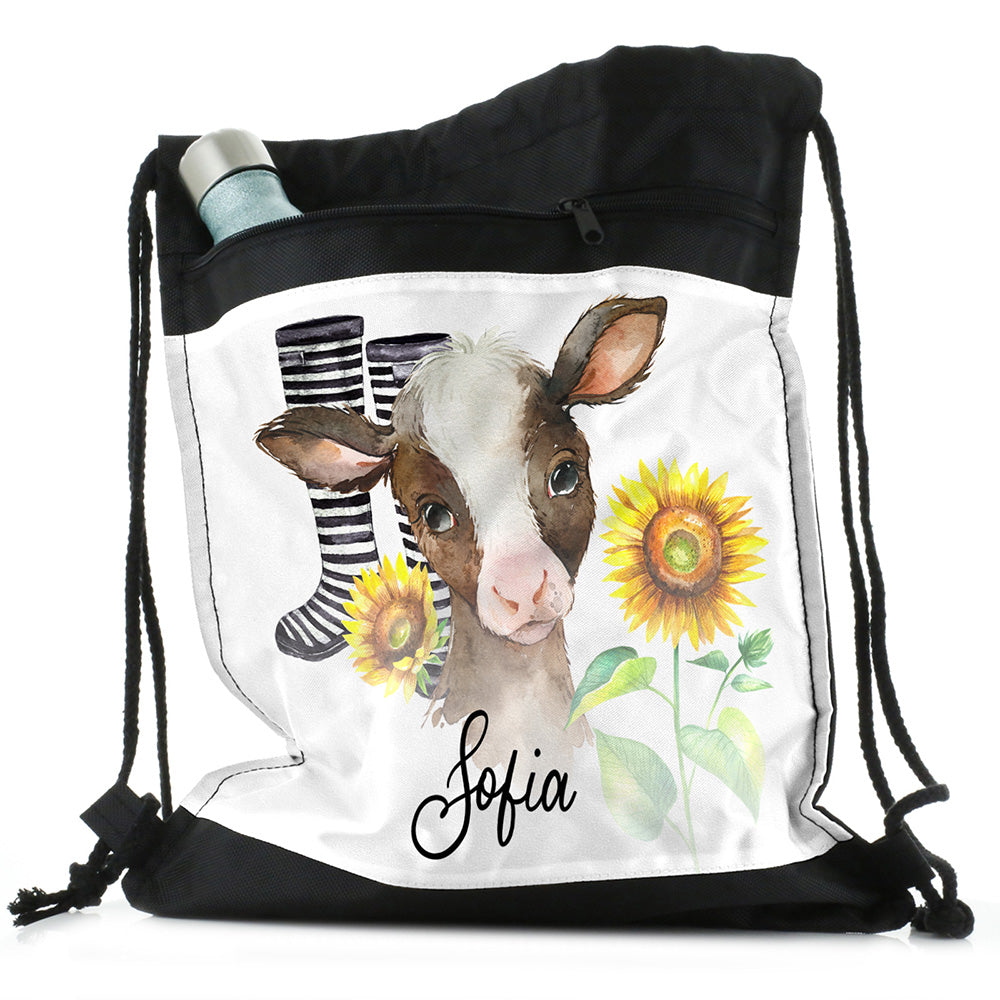 Personalised Cow Yellow Sunflower and Name Black Drawstring Backpack