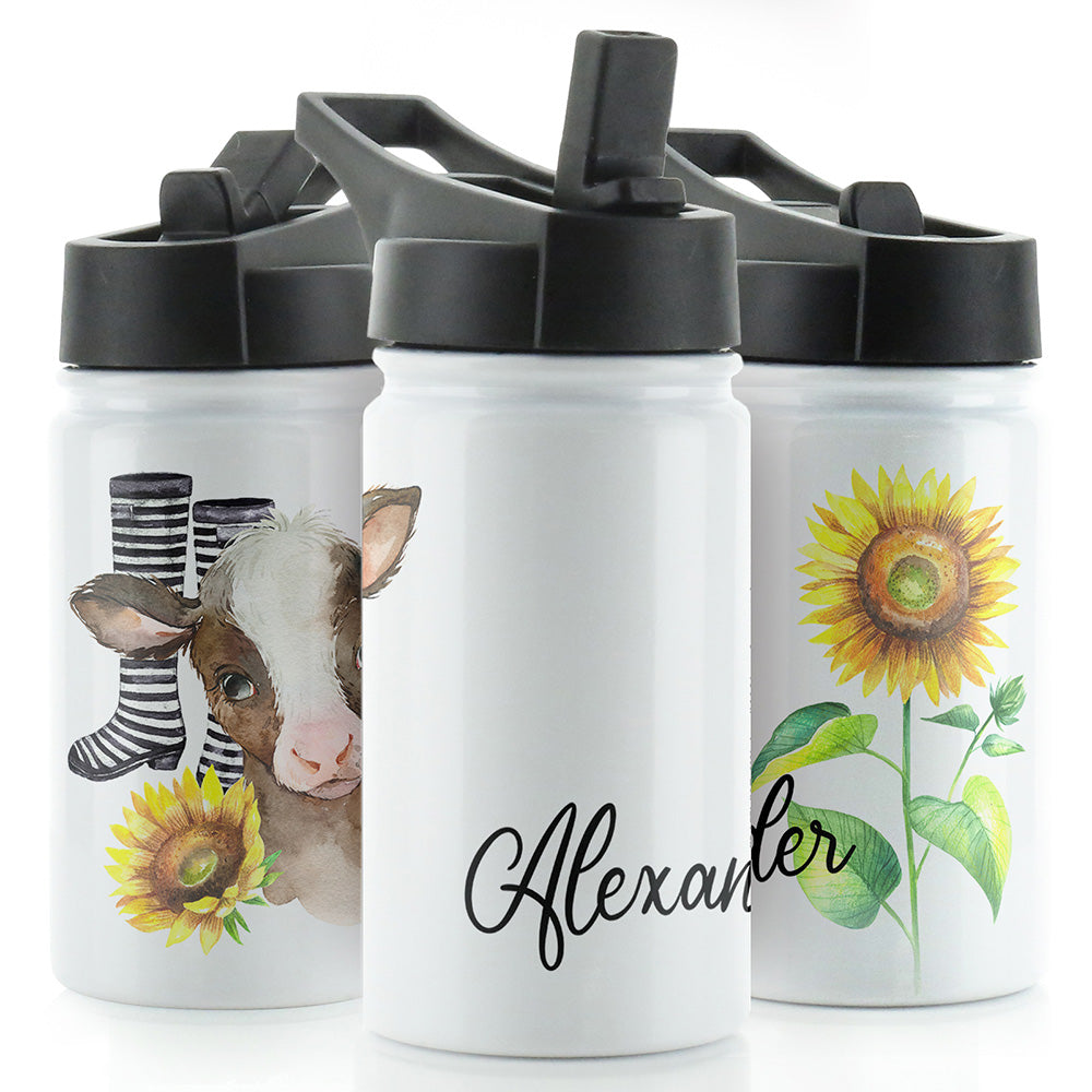 Personalised Brown Cow flowers and Name White Sports Flask