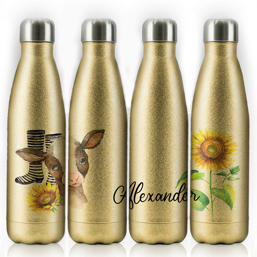 Personalisierte kuhgelbe Sonnenblume und Cola-Flasche mit Namen