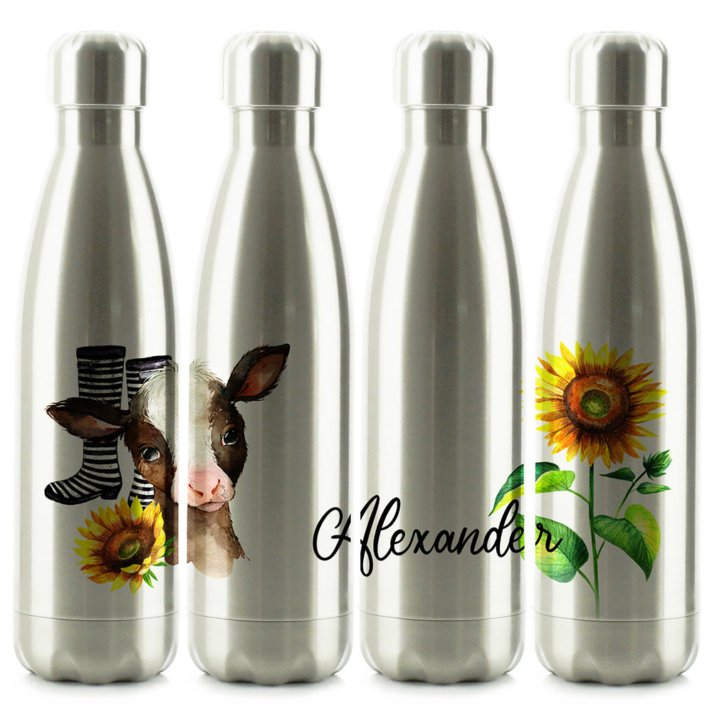 Personalised Cow Yellow Sunflower and Name Cola Bottle