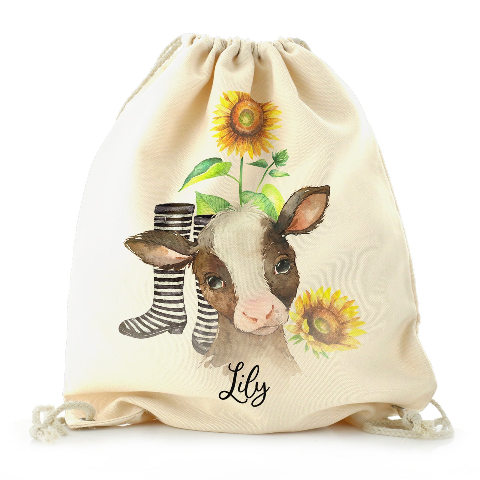 Personalised Canvas Drawstring Backpack with Brown Cow Yellow Sunflowers and Cute Text