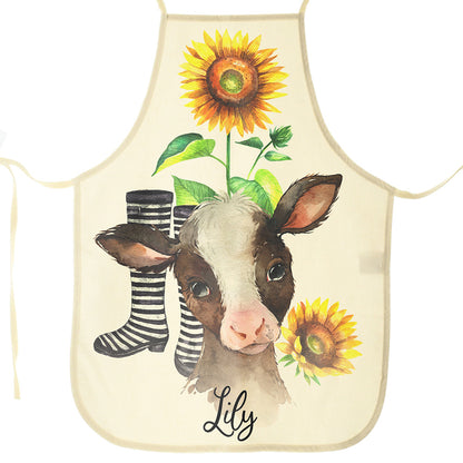 Personalised Canvas Apron with Cow Yellow Sunflower and Name Design