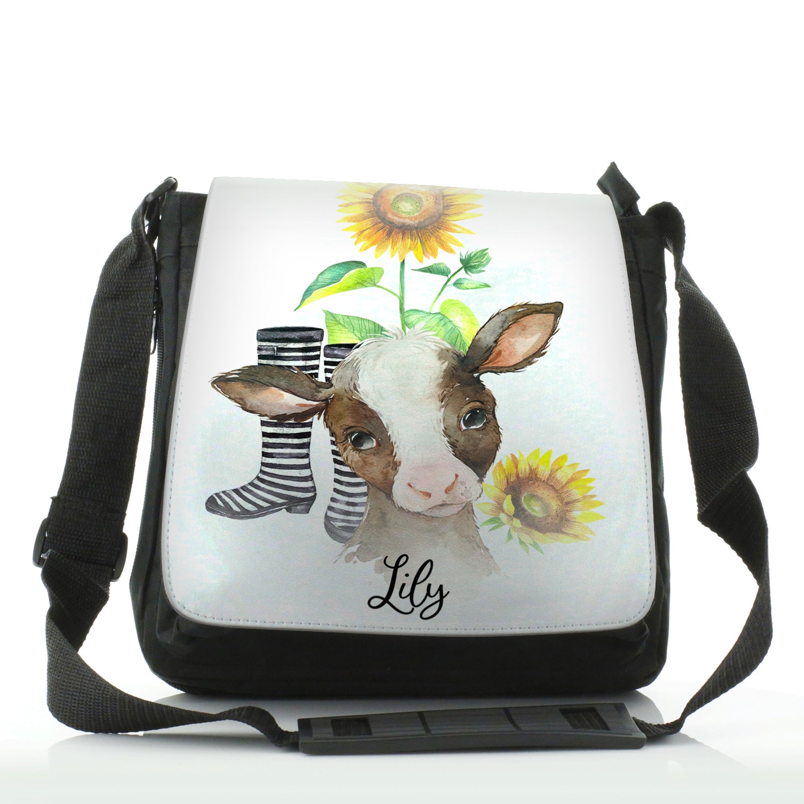 Personalised Shoulder Bag with Brown Cow Yellow Sunflowers and Cute Text