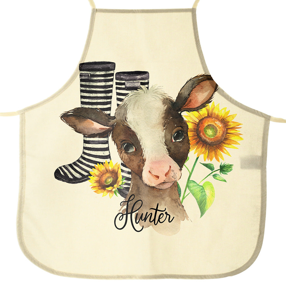 Personalised Canvas Apron with Cow Yellow Sunflower and Name Design