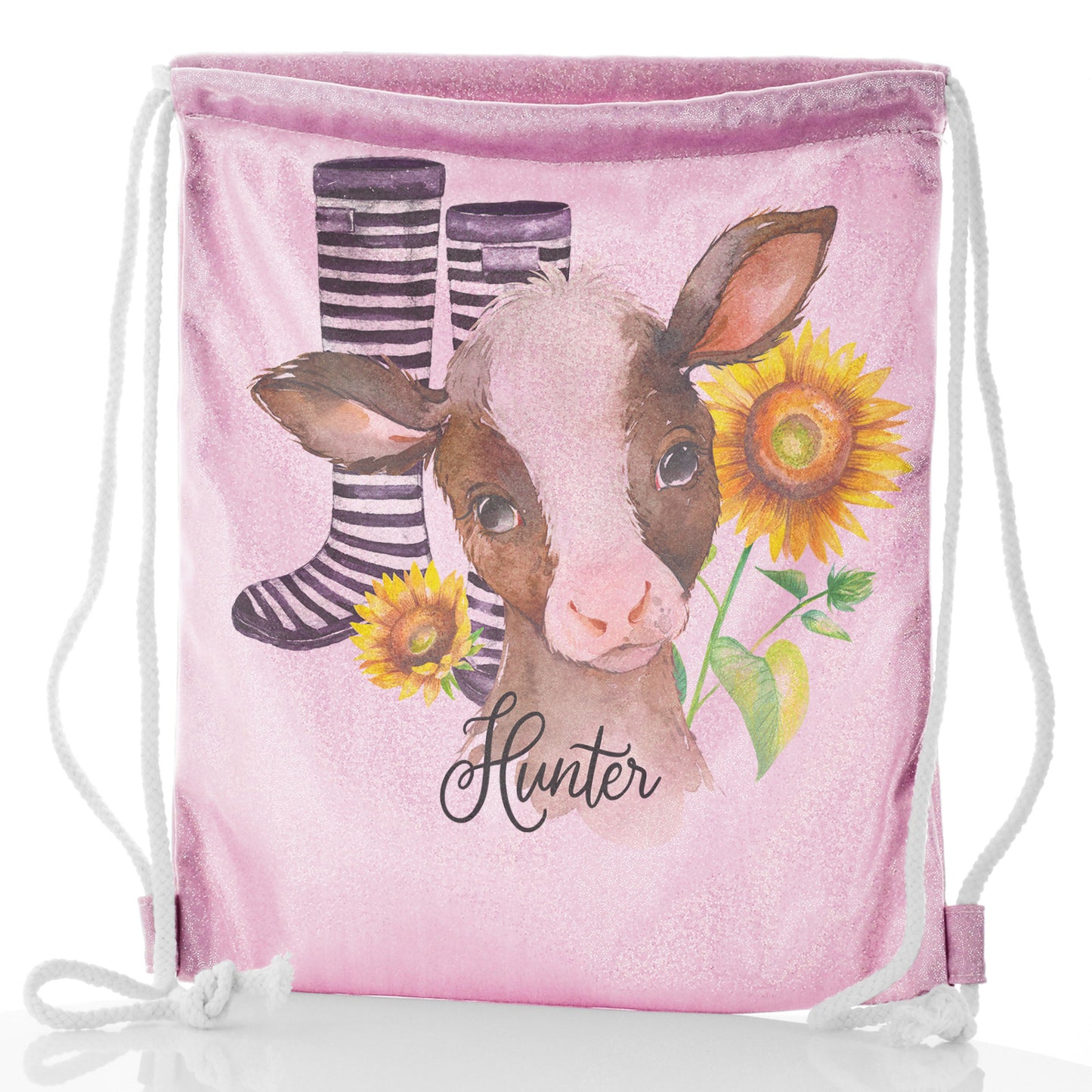 Personalised Glitter Drawstring Backpack with Brown Cow Yellow Sunflowers and Cute Text