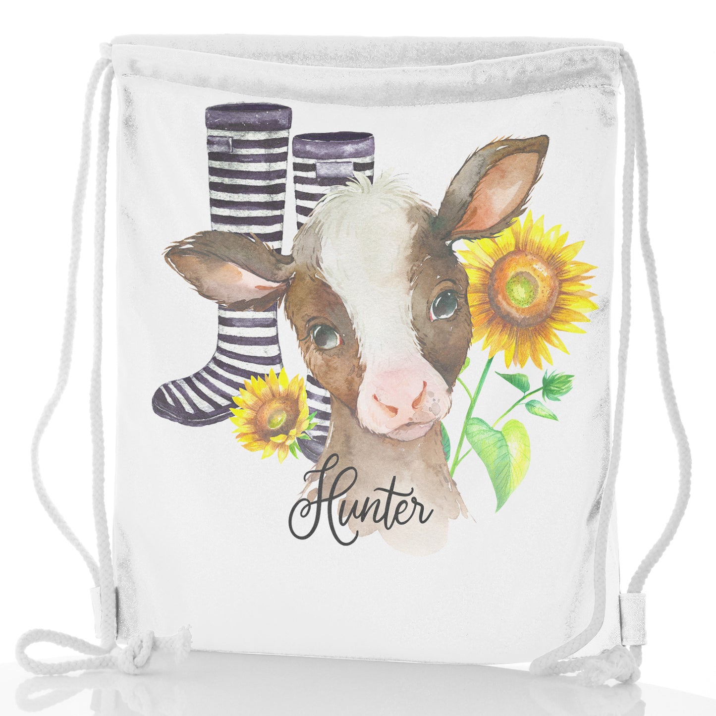 Personalised Glitter Drawstring Backpack with Brown Cow Yellow Sunflowers and Cute Text