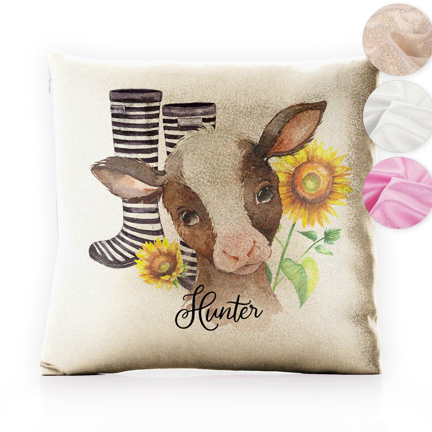 Personalised Glitter Cushion with Brown Cow Yellow Sunflowers and Cute Text