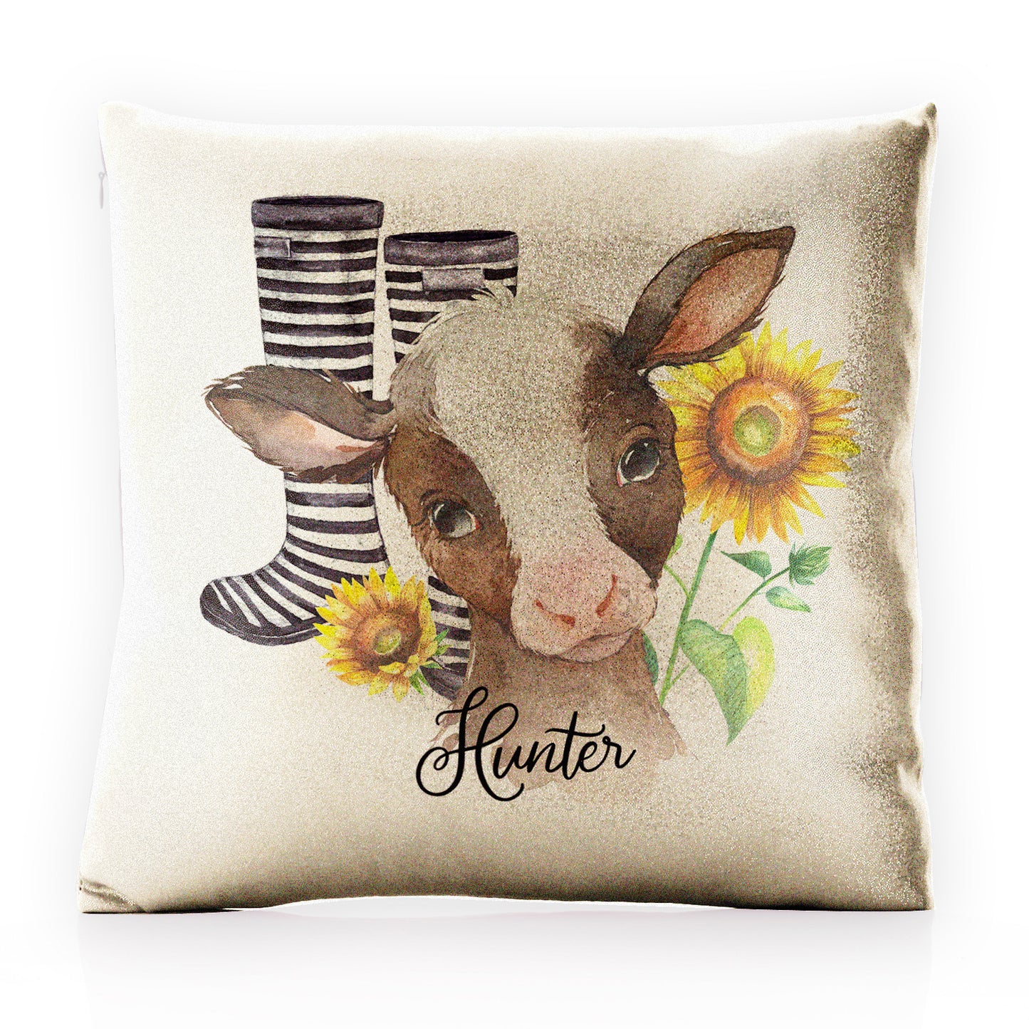 Personalised Glitter Cushion with Brown Cow Yellow Sunflowers and Cute Text