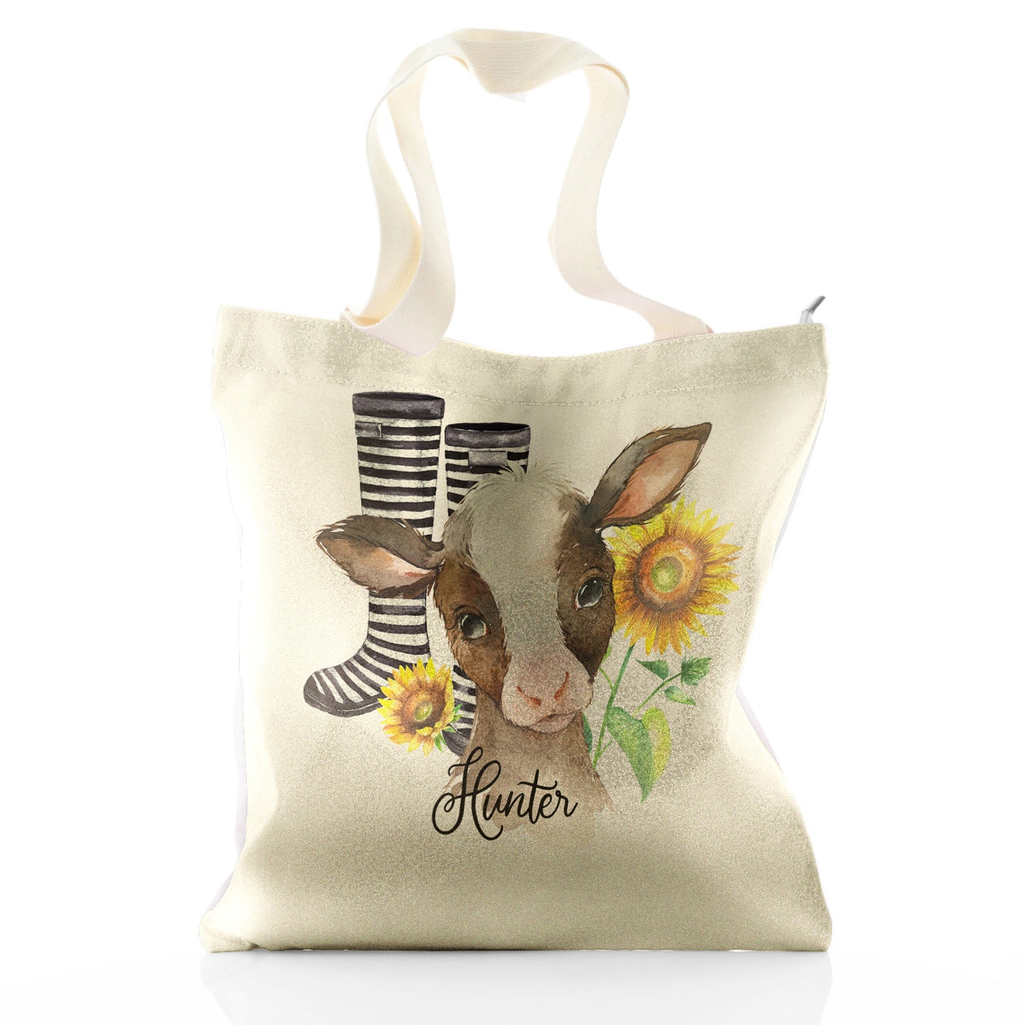 Personalised Glitter Tote Bag with Brown Cow Yellow Sunflowers and Cute Text