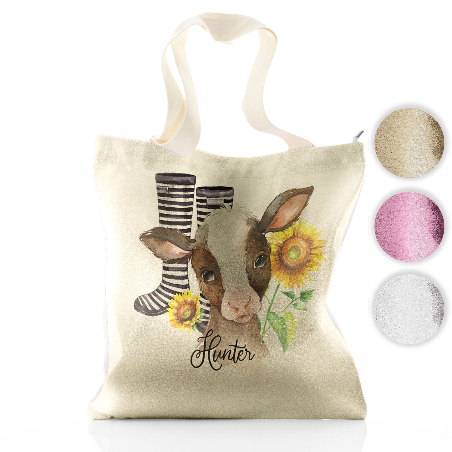 Personalised Glitter Tote Bag with Brown Cow Yellow Sunflowers and Cute Text