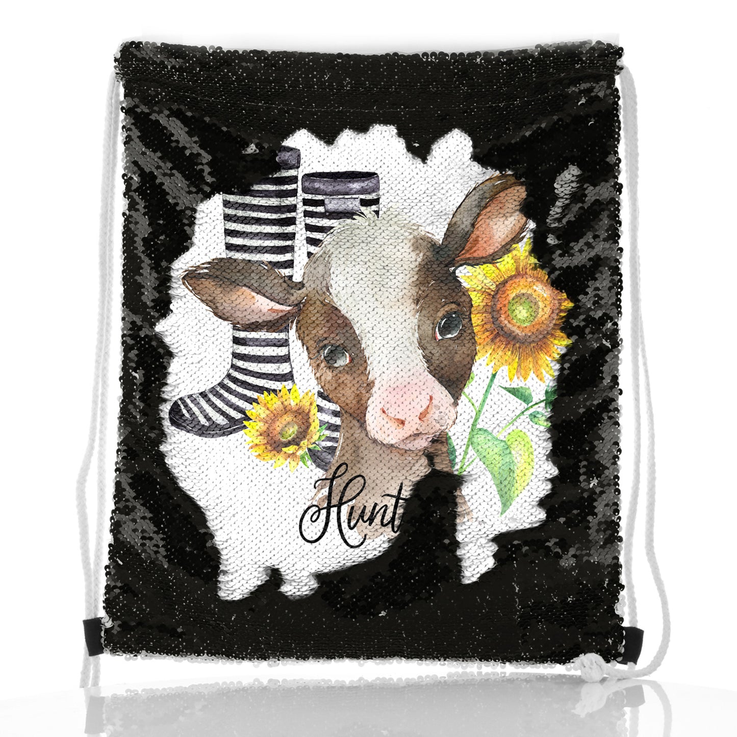 Personalised Sequin Drawstring Backpack with Brown Cow Yellow Sunflowers and Cute Text