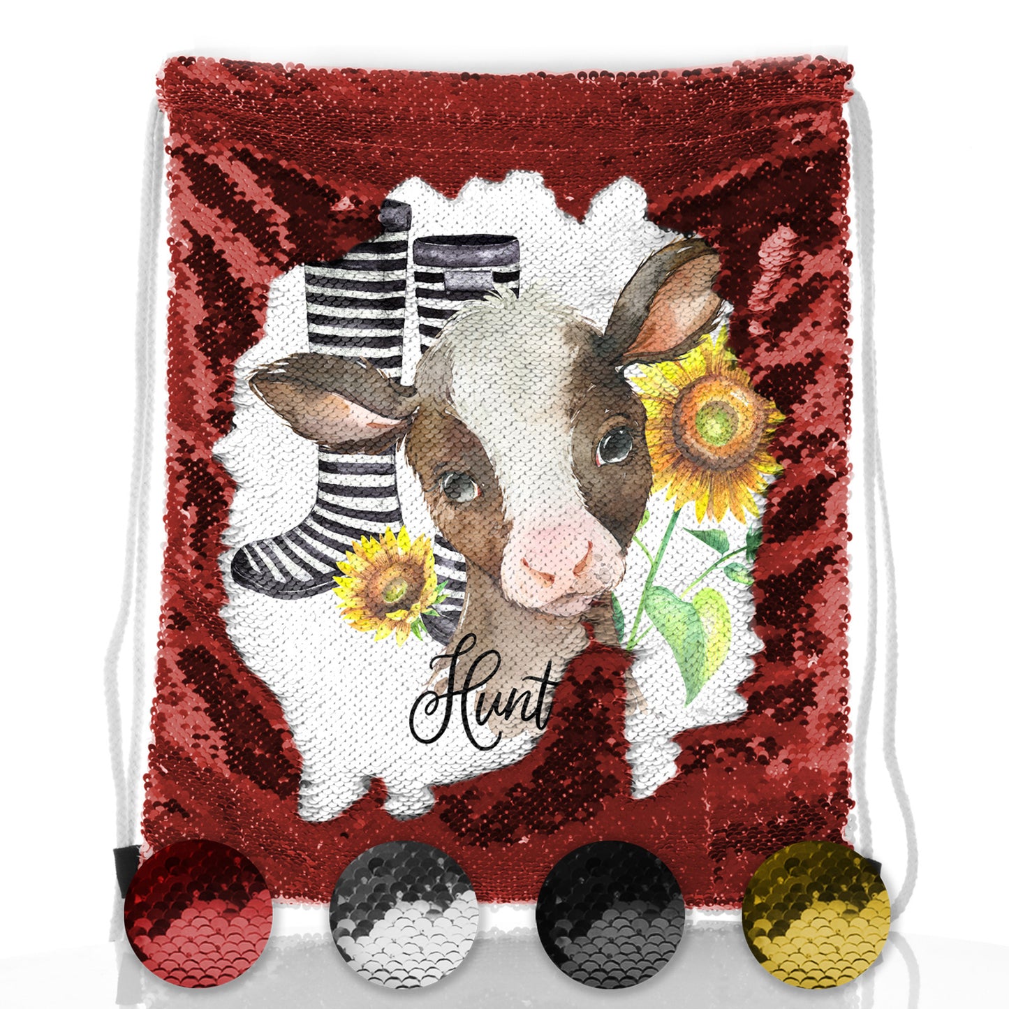 Personalised Sequin Drawstring Backpack with Brown Cow Yellow Sunflowers and Cute Text