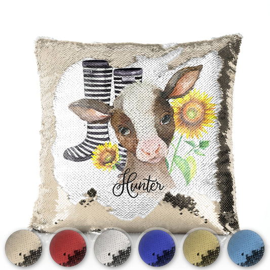 Personalised Sequin Cushion with Brown Cow Yellow Sunflowers and Cute Text