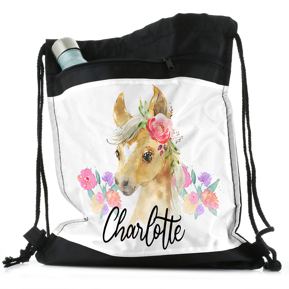 Personalised Horse Flowers and Name Black Drawstring Backpack