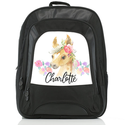 Personalised Large Multifunction Backpack with Palomino Horse Multicolour Flower Print and Cute Text