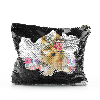 Personalised Sequin Zip Bag with Palomino Horse Multicolour Flower Print and Cute Text