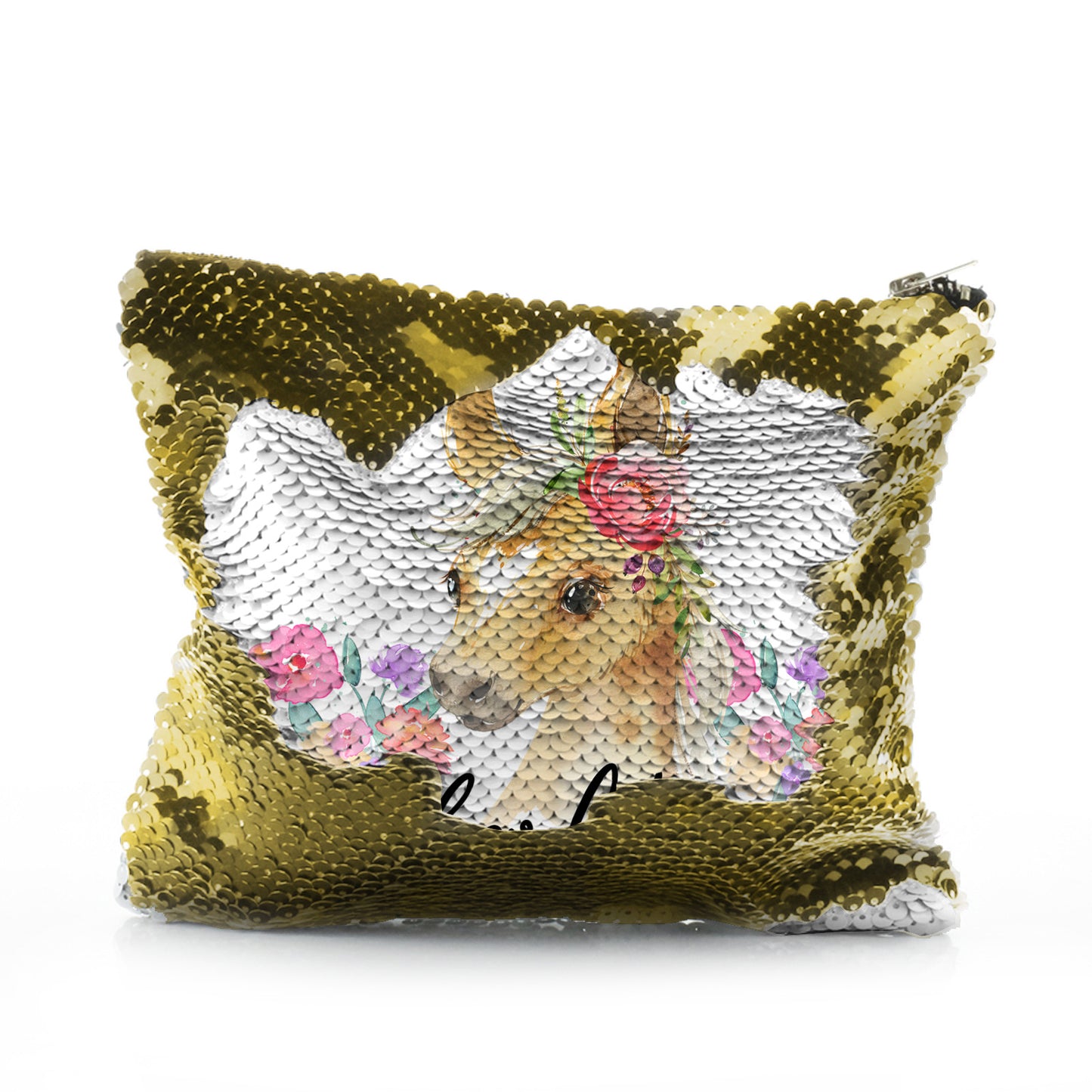 Personalisierte Pailletten-Reißverschlusstasche mit mehrfarbigem Palomino-Pferd-Blumendruck und süßem Text