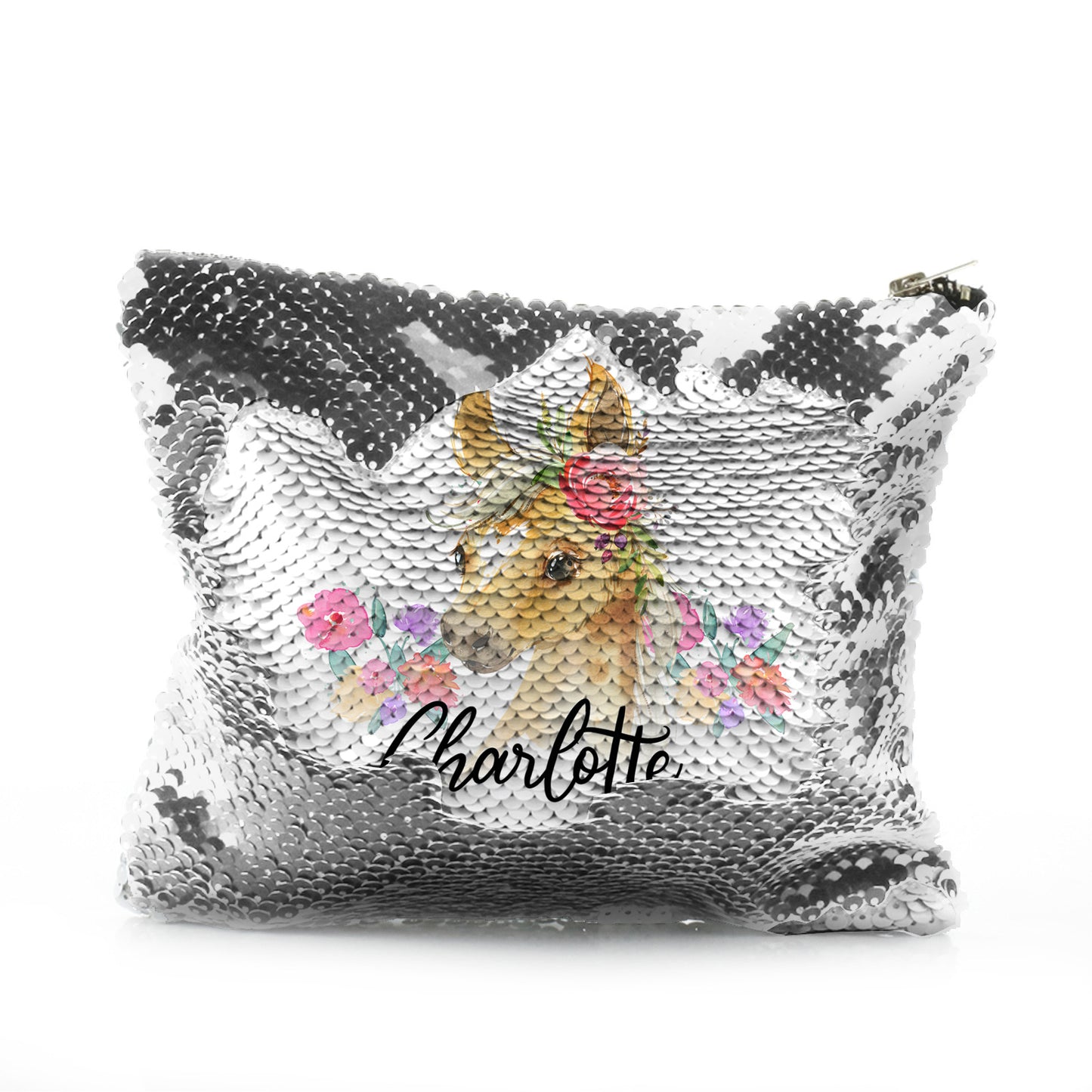 Personalised Sequin Zip Bag with Palomino Horse Multicolour Flower Print and Cute Text