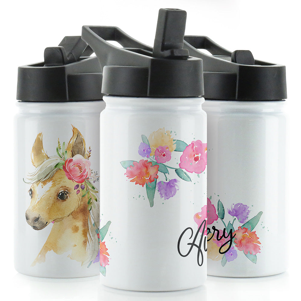 Personalised Palomino Flower and Name White Sports Flask