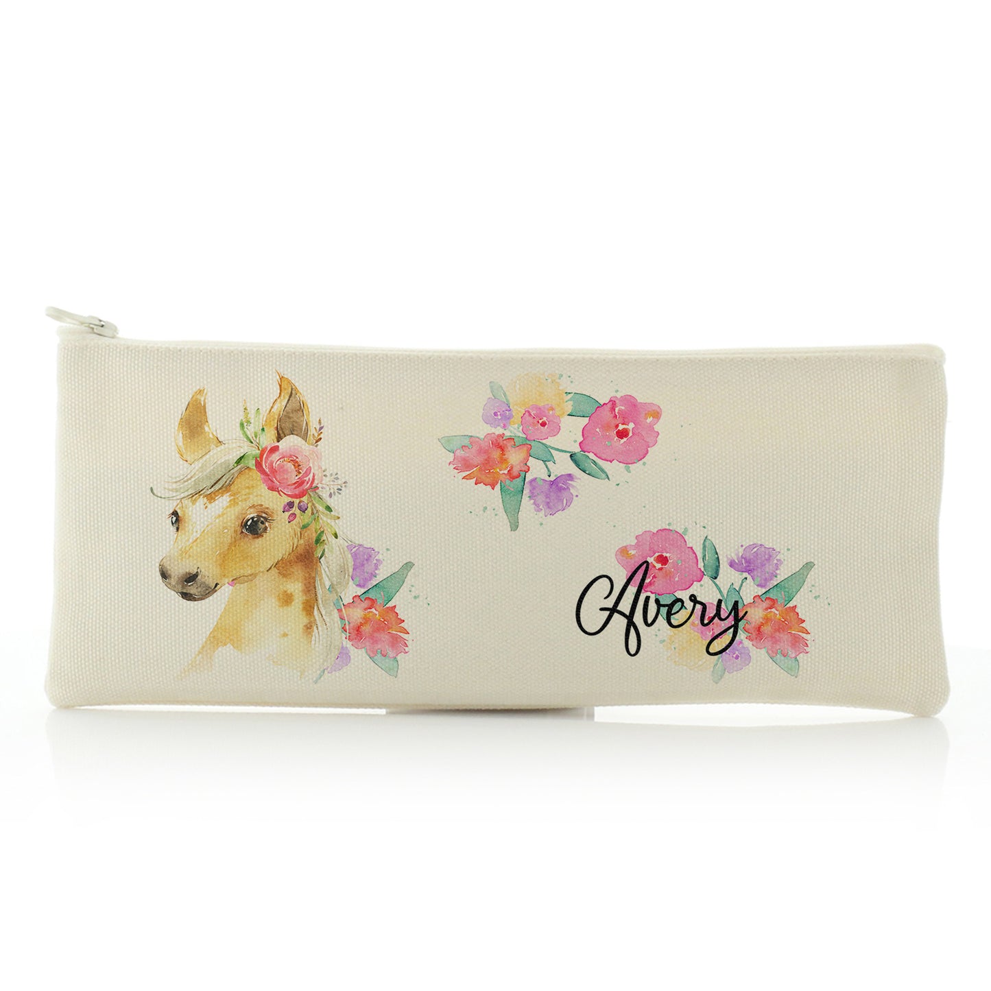 Personalised Canvas Zip Bag with Palomino Horse Multicolour Flower Print and Cute Text