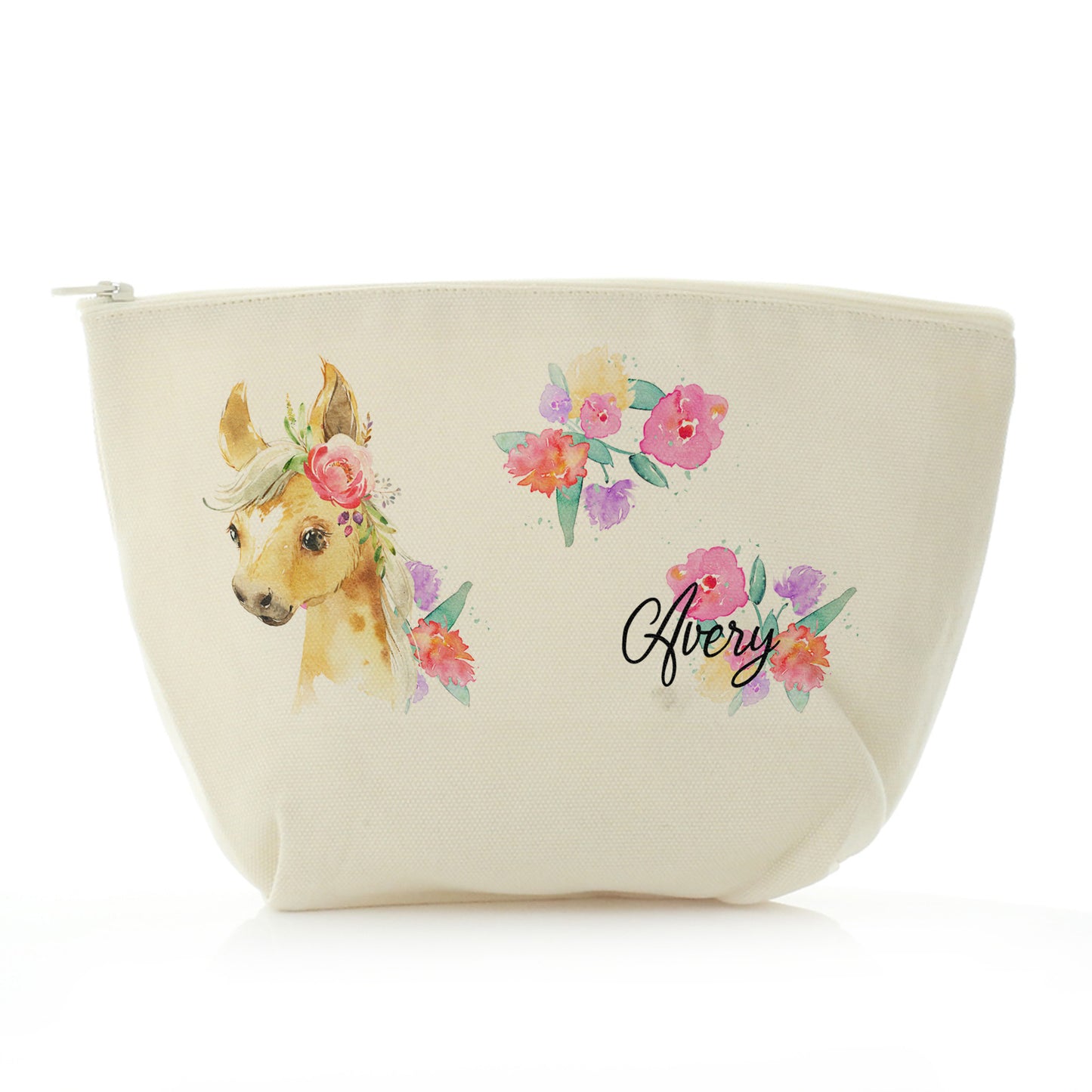 Personalised Canvas Zip Bag with Palomino Horse Multicolour Flower Print and Cute Text