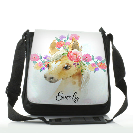 Personalised Shoulder Bag with Palomino Horse Multicolour Flower Print and Cute Text