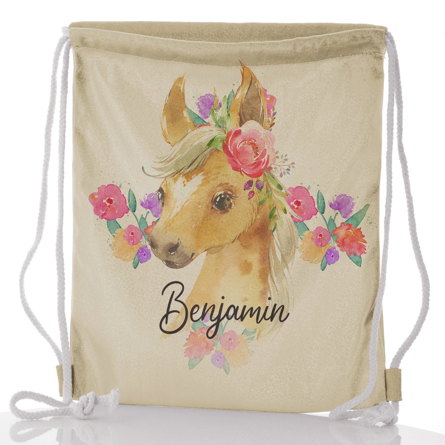 Personalisierter Glitzer-Rucksack mit Kordelzug, mehrfarbiger Palomino-Pferd-Blumendruck und süßer Text