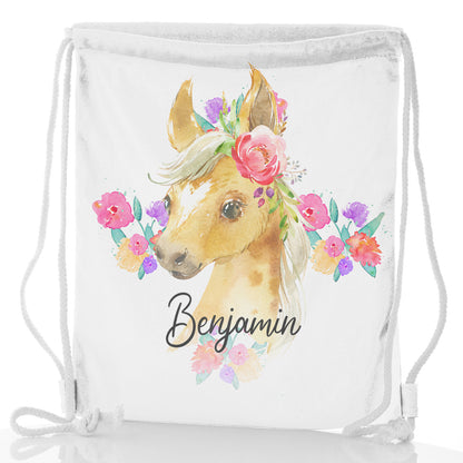 Personalised Glitter Drawstring Backpack with Palomino Horse Multicolour Flower Print and Cute Text