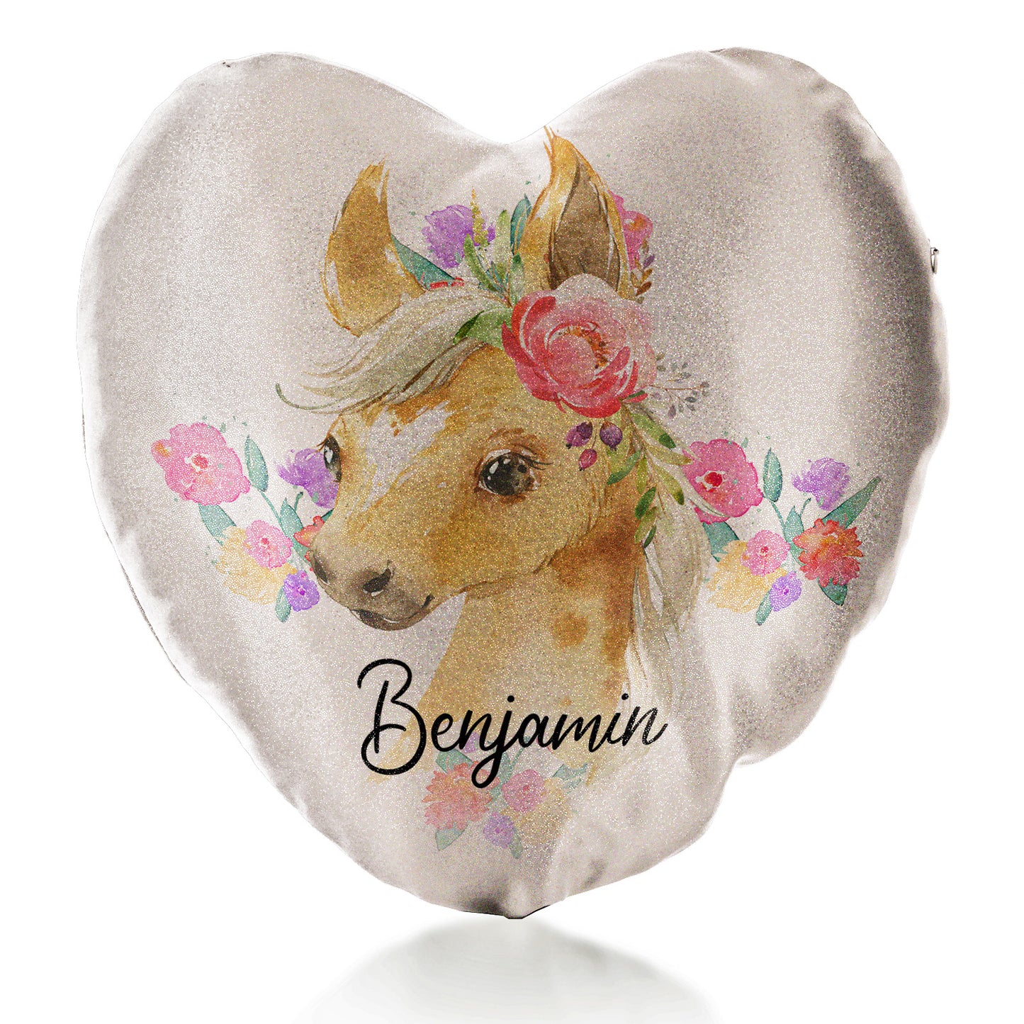 Personalised Glitter Heart Cushion with Palomino Horse Multicolour Flower Print and Cute Text