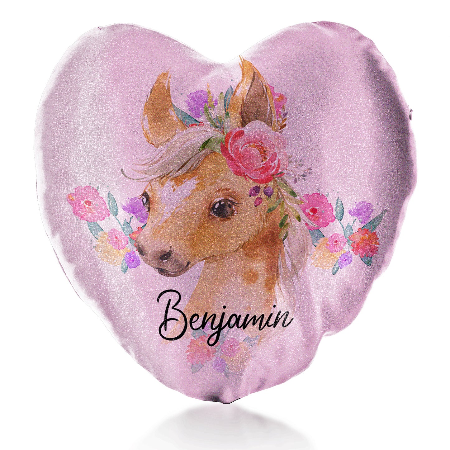 Personalised Glitter Heart Cushion with Palomino Horse Multicolour Flower Print and Cute Text