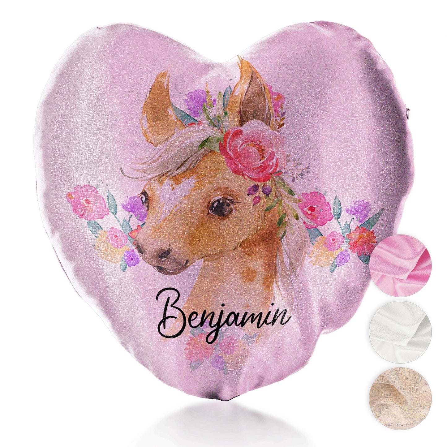 Personalised Glitter Heart Cushion with Palomino Horse Multicolour Flower Print and Cute Text