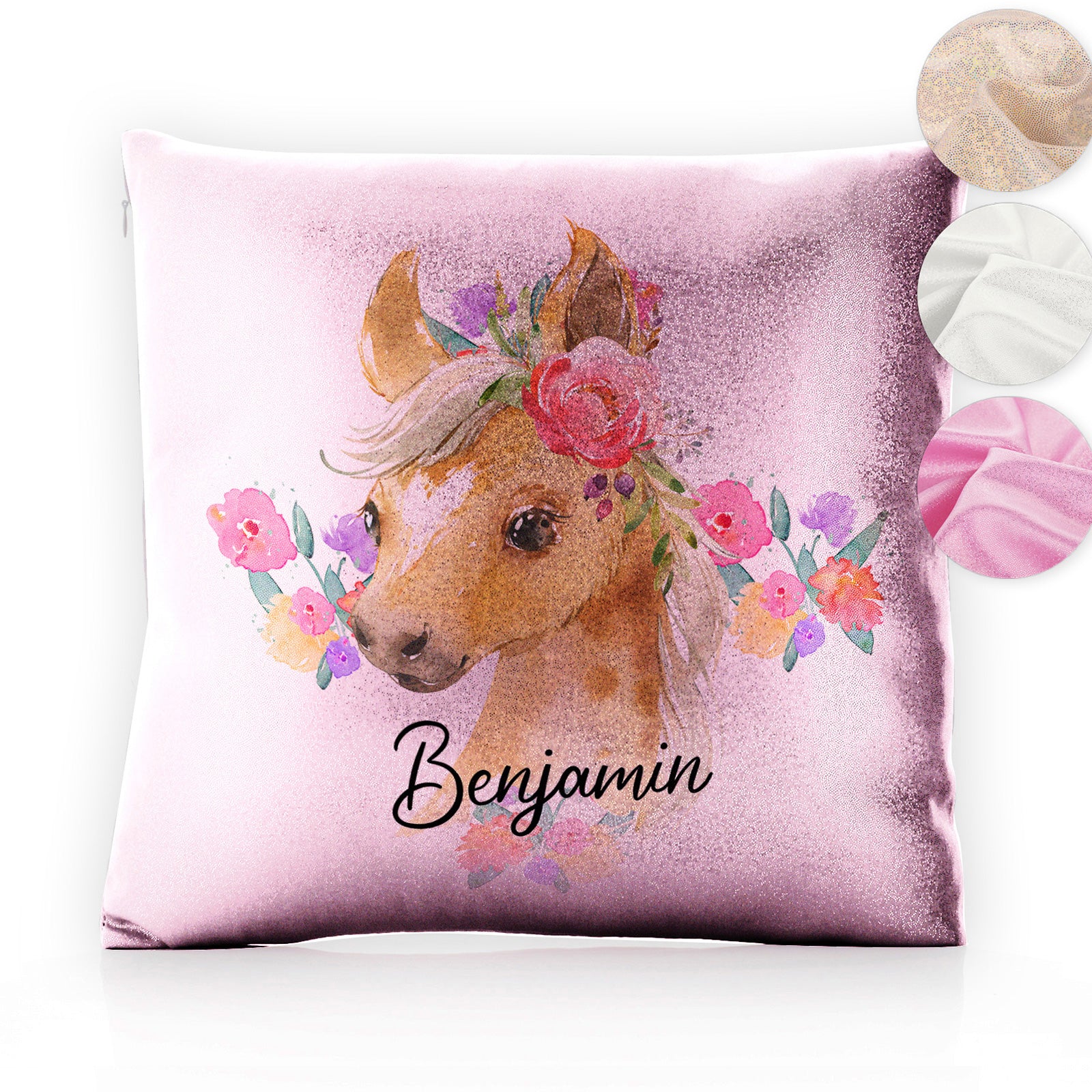 Personalised Glitter Cushion with Palomino Horse Multicolour Flower Print and Cute Text