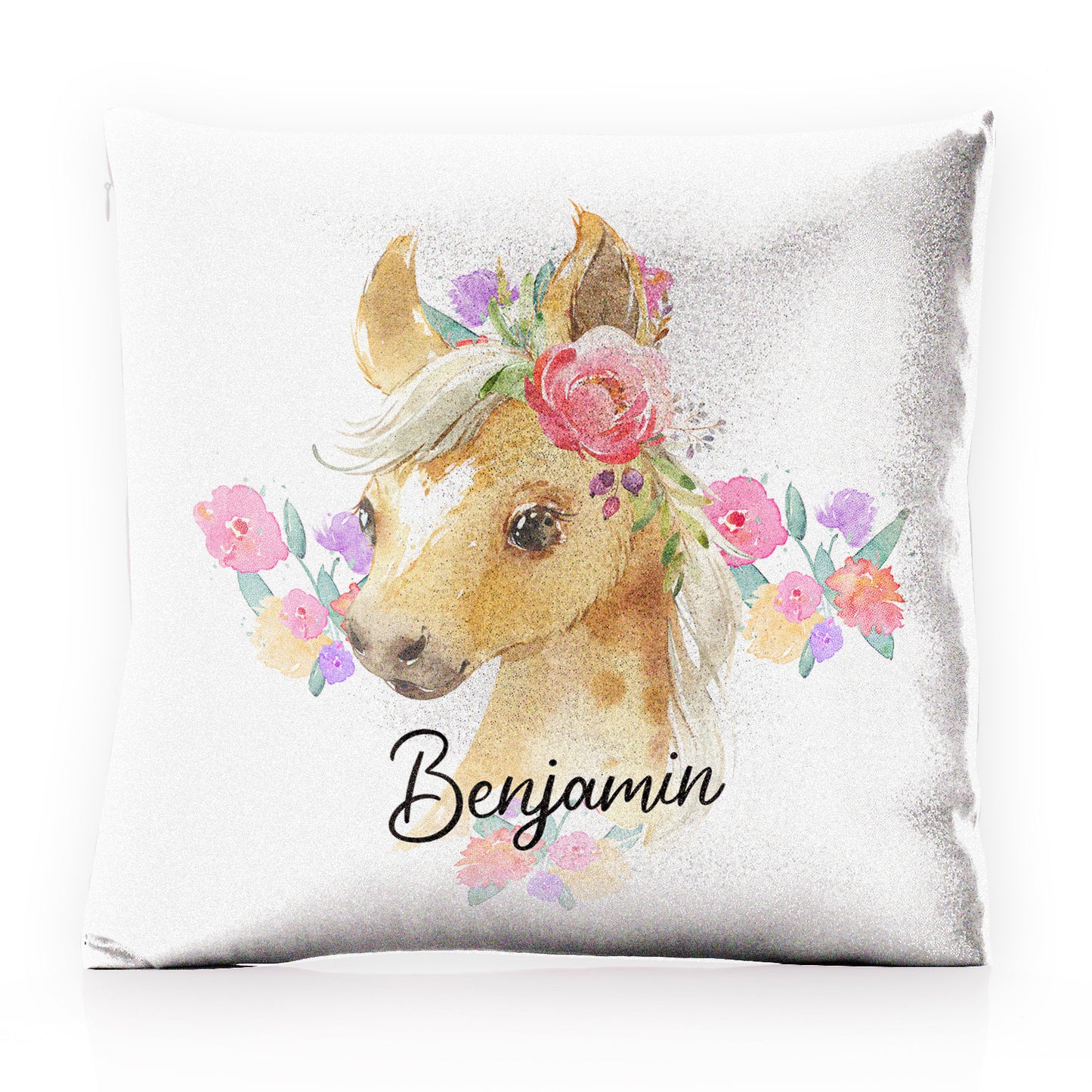 Personalised Glitter Cushion with Palomino Horse Multicolour Flower Print and Cute Text