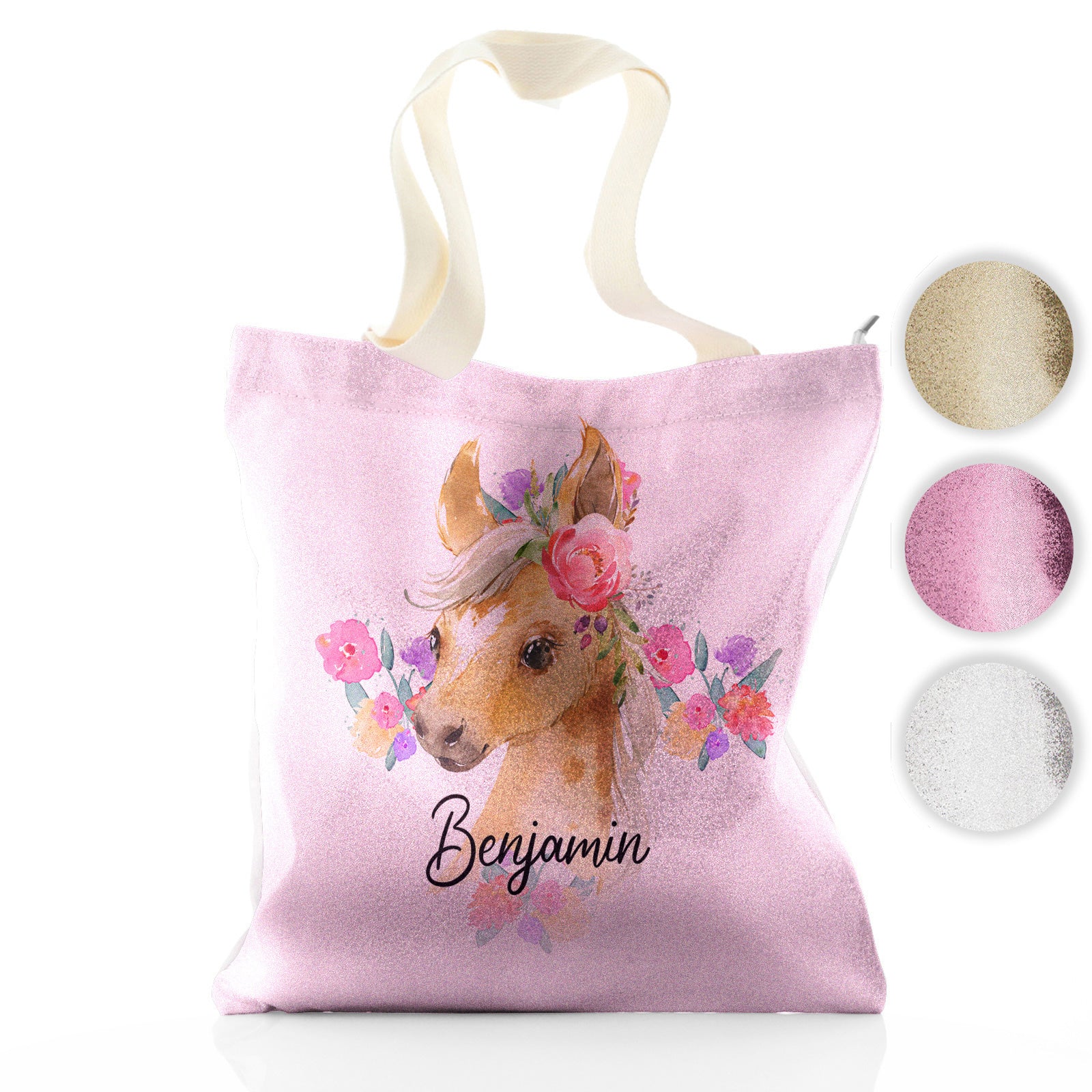 Personalised Glitter Tote Bag with Palomino Horse Multicolour Flower Print and Cute Text
