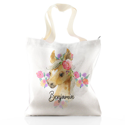 Personalised Glitter Tote Bag with Palomino Horse Multicolour Flower Print and Cute Text