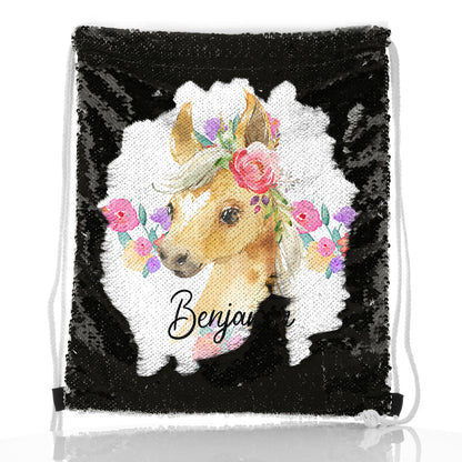 Personalisierter Pailletten-Rucksack mit Kordelzug, mehrfarbigem Palomino-Pferd-Blumendruck und süßem Text