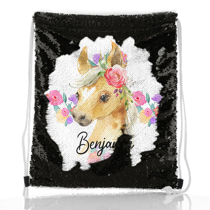 Personalised Sequin Drawstring Backpack with Palomino Horse Multicolour Flower Print and Cute Text